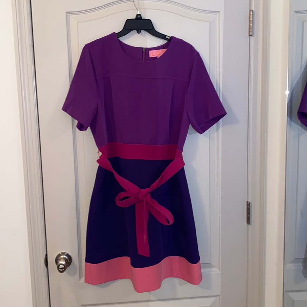 Colorblock Purple & Pink Short Sleeve Dress with Waist Tie